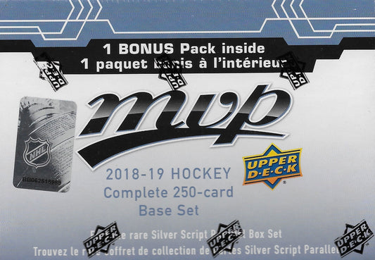 2018 2019 Upper Deck MVP Hockey Series Factory Sealed 250 Card Set including 50 High Series Shortprints and a Bonus Pack containing Eastern Stars, Western Stars and Rookie Star Formations