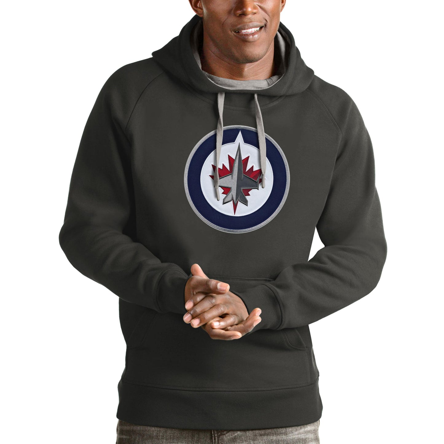Men's Antigua Charcoal Winnipeg Jets Logo Victory Pullover Hoodie