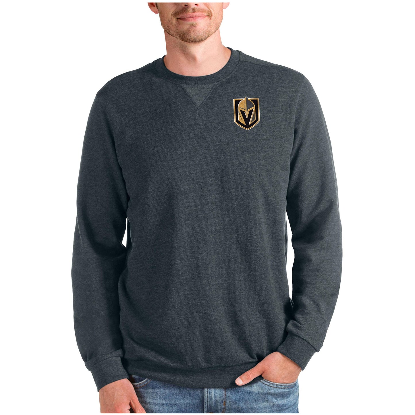 Men's Antigua Heathered Charcoal Vegas Golden Knights Reward Crewneck Pullover Sweatshirt