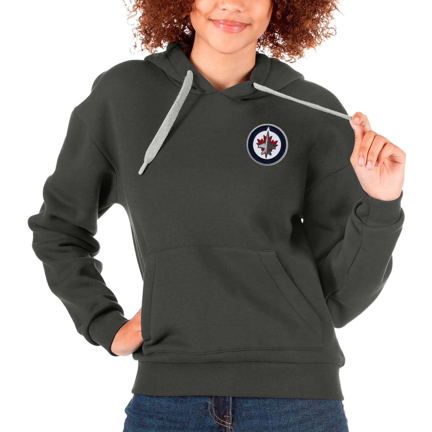 Women's Antigua Charcoal Winnipeg Jets Primary Logo Victory Pullover Hoodie