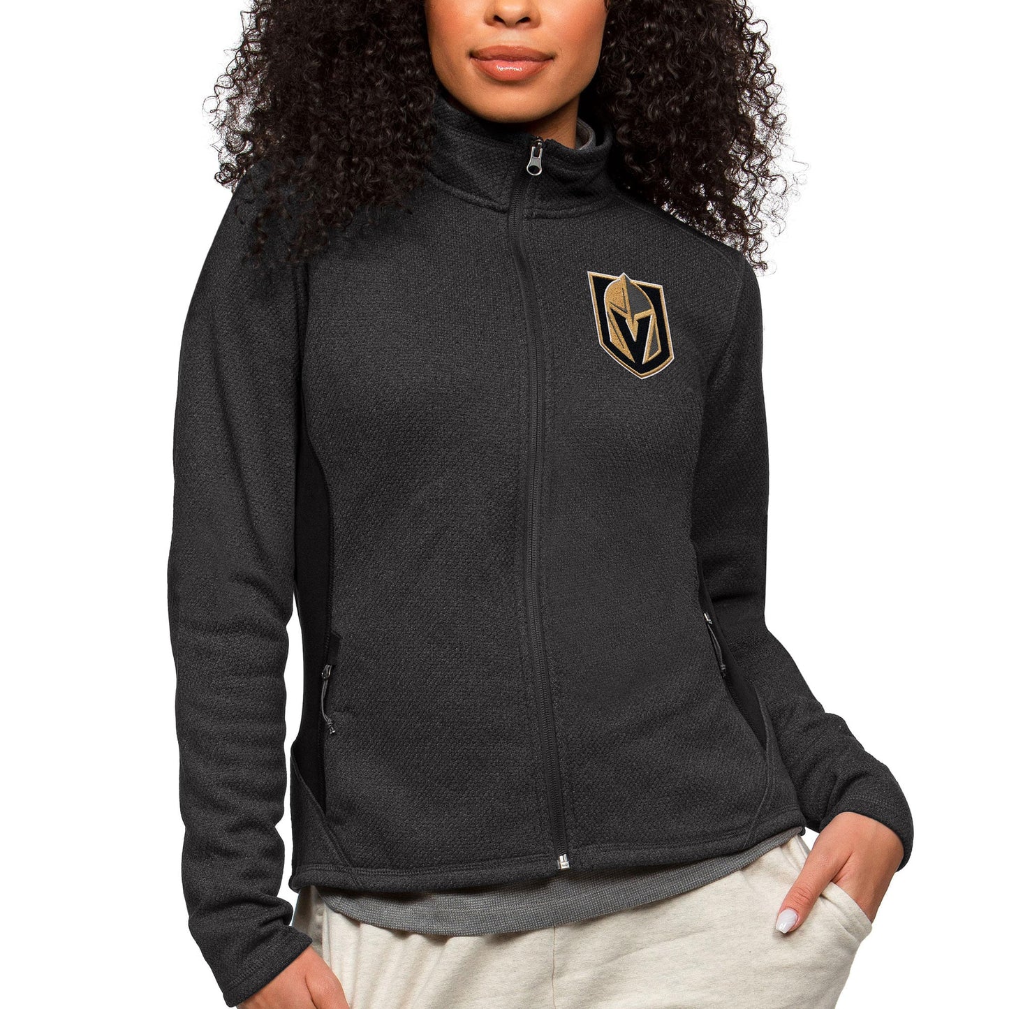 Women's Antigua Heather Black Vegas Golden Knights Primary Logo Course Full-Zip Jacket