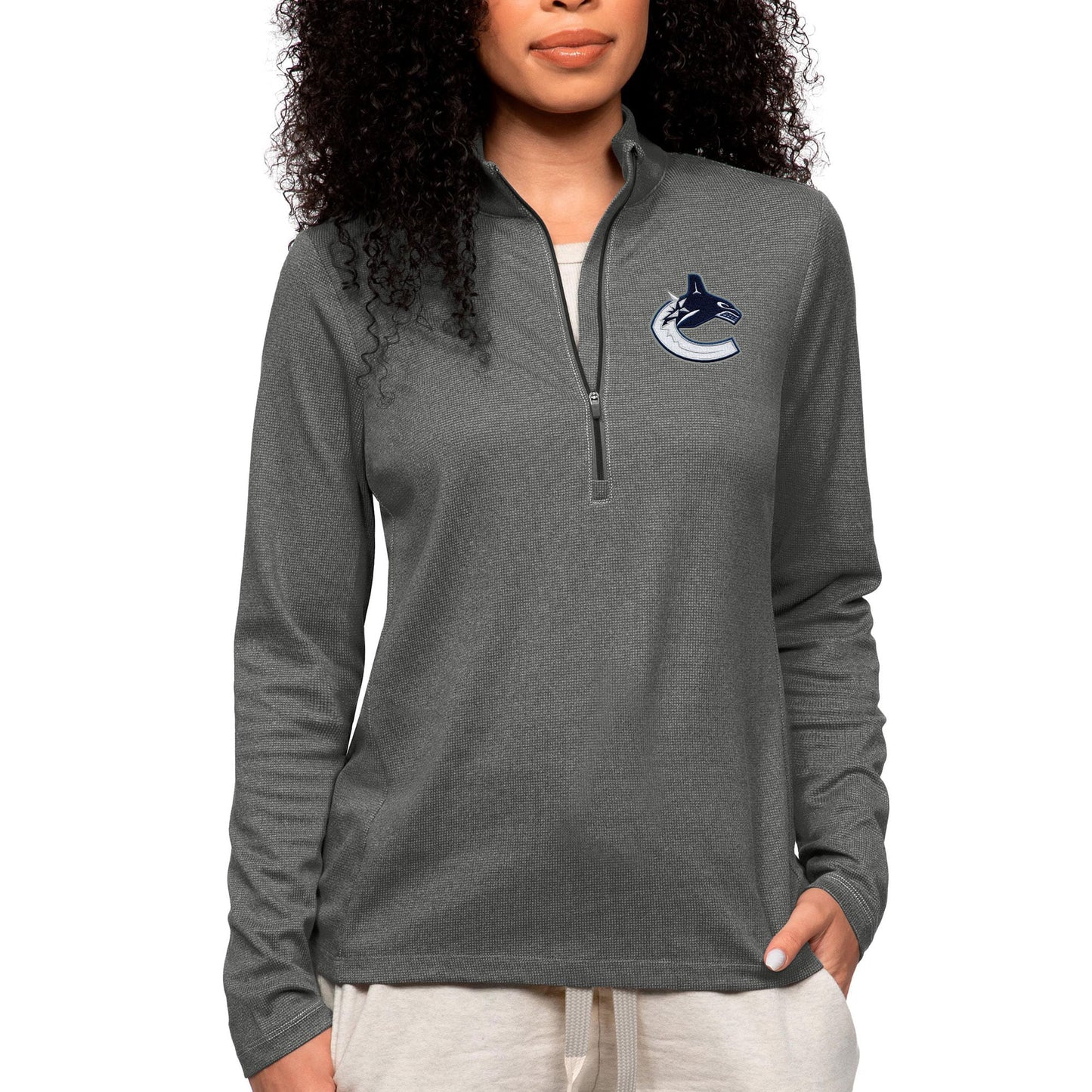 Women's Antigua Heather Charcoal Vancouver Canucks Primary Logo Epic Quarter-Zip Pullover Top
