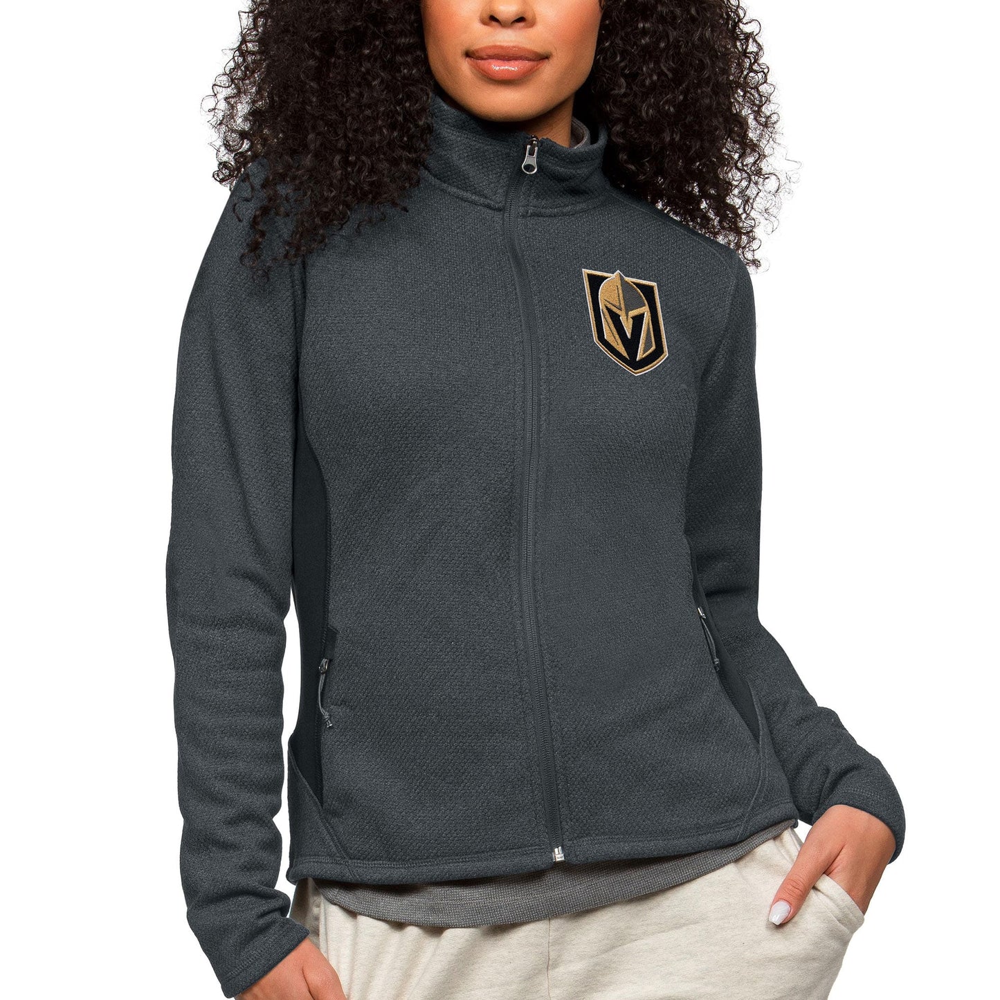 Women's Antigua Heather Charcoal Vegas Golden Knights Primary Logo Course Full-Zip Jacket