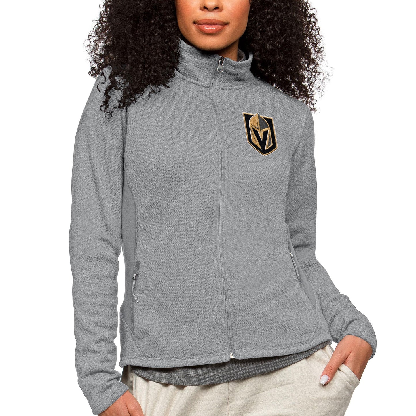 Women's Antigua Heather Gray Vegas Golden Knights Primary Logo Course Full-Zip Jacket