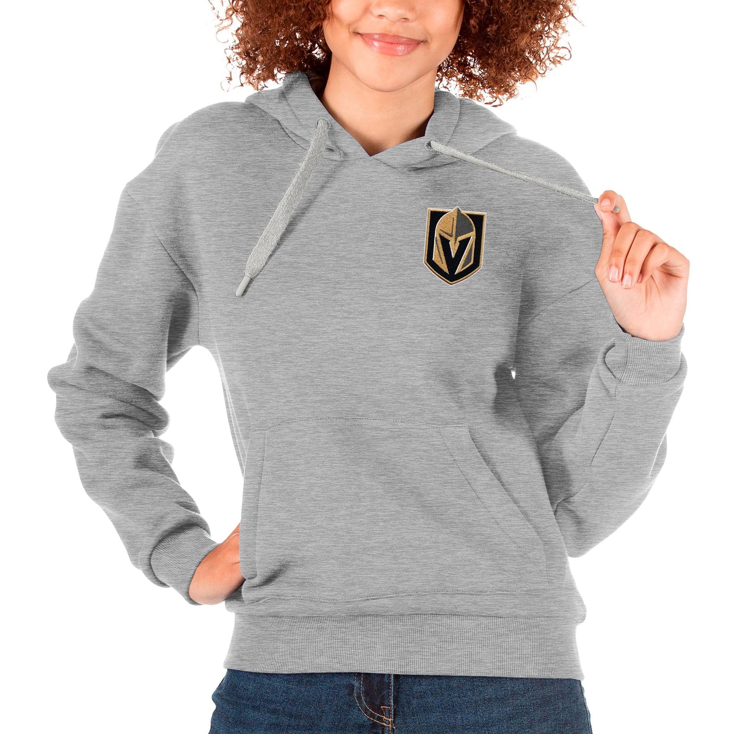 Women's Antigua Heather Gray Vegas Golden Knights Primary Logo Victory Pullover Hoodie