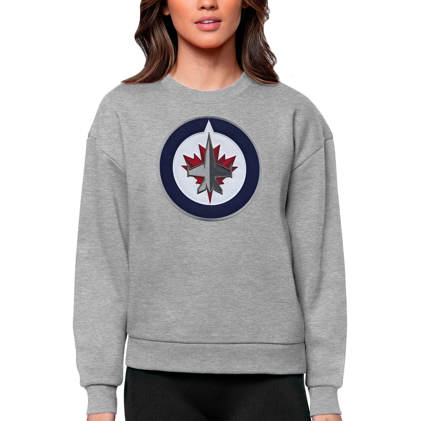 Women's Antigua Heather Gray Winnipeg Jets Primary Logo Team Logo Victory Crewneck Pullover Sweatshirt