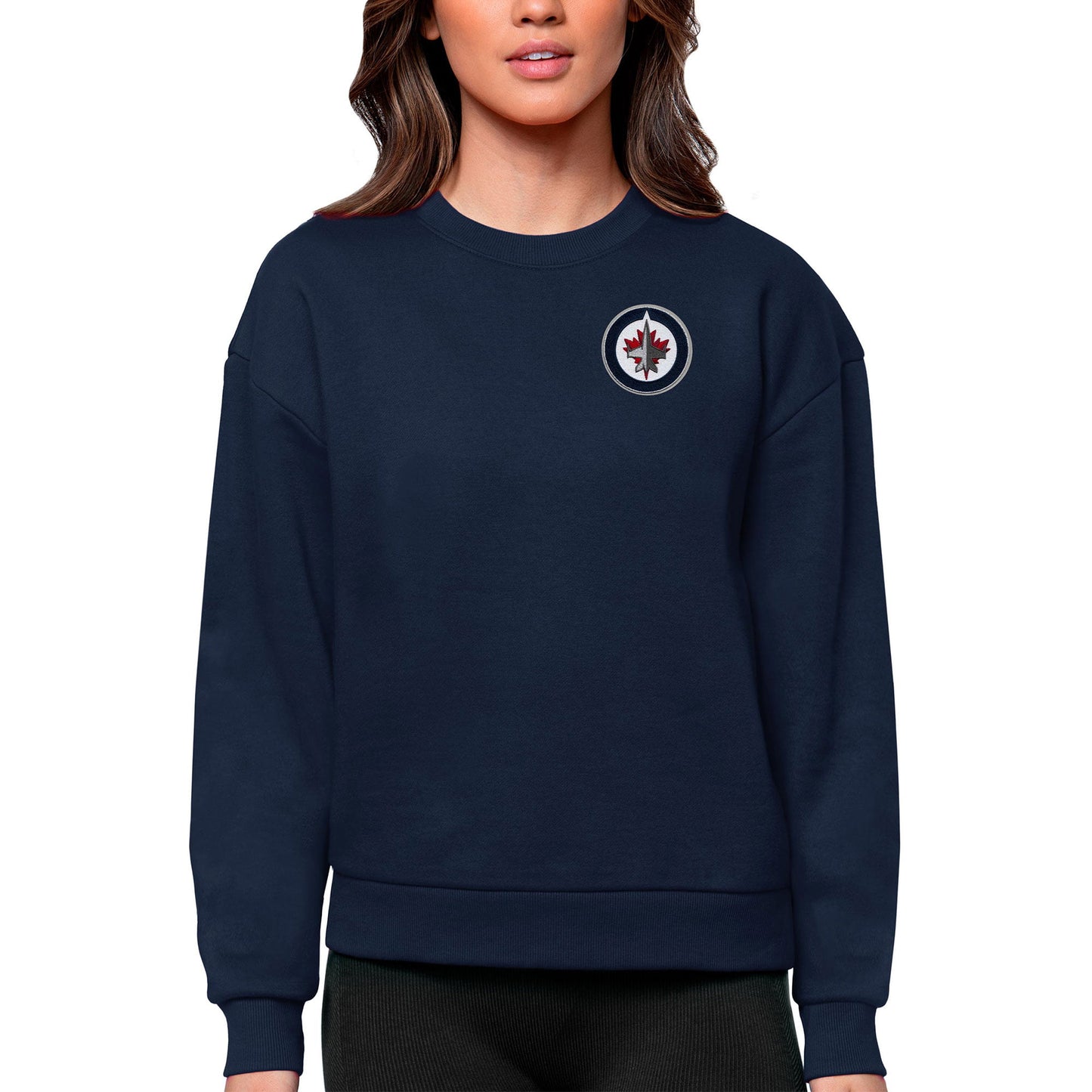 Women's Antigua Navy Winnipeg Jets Primary Logo Victory Crewneck Pullover Sweatshirt