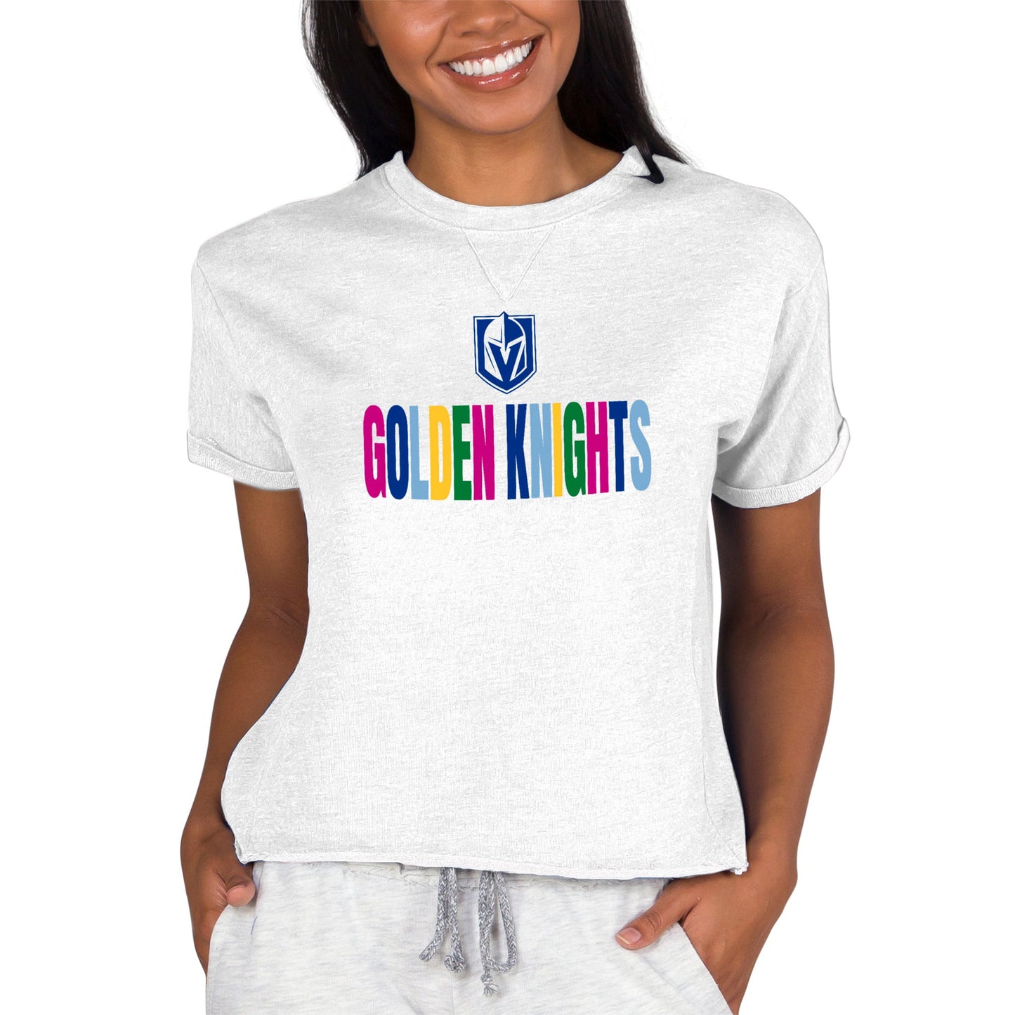 Women's Concepts Sport Oatmeal Vegas Golden Knights Tri-Blend Mainstream Terry Short Sleeve Sweatshirt Top